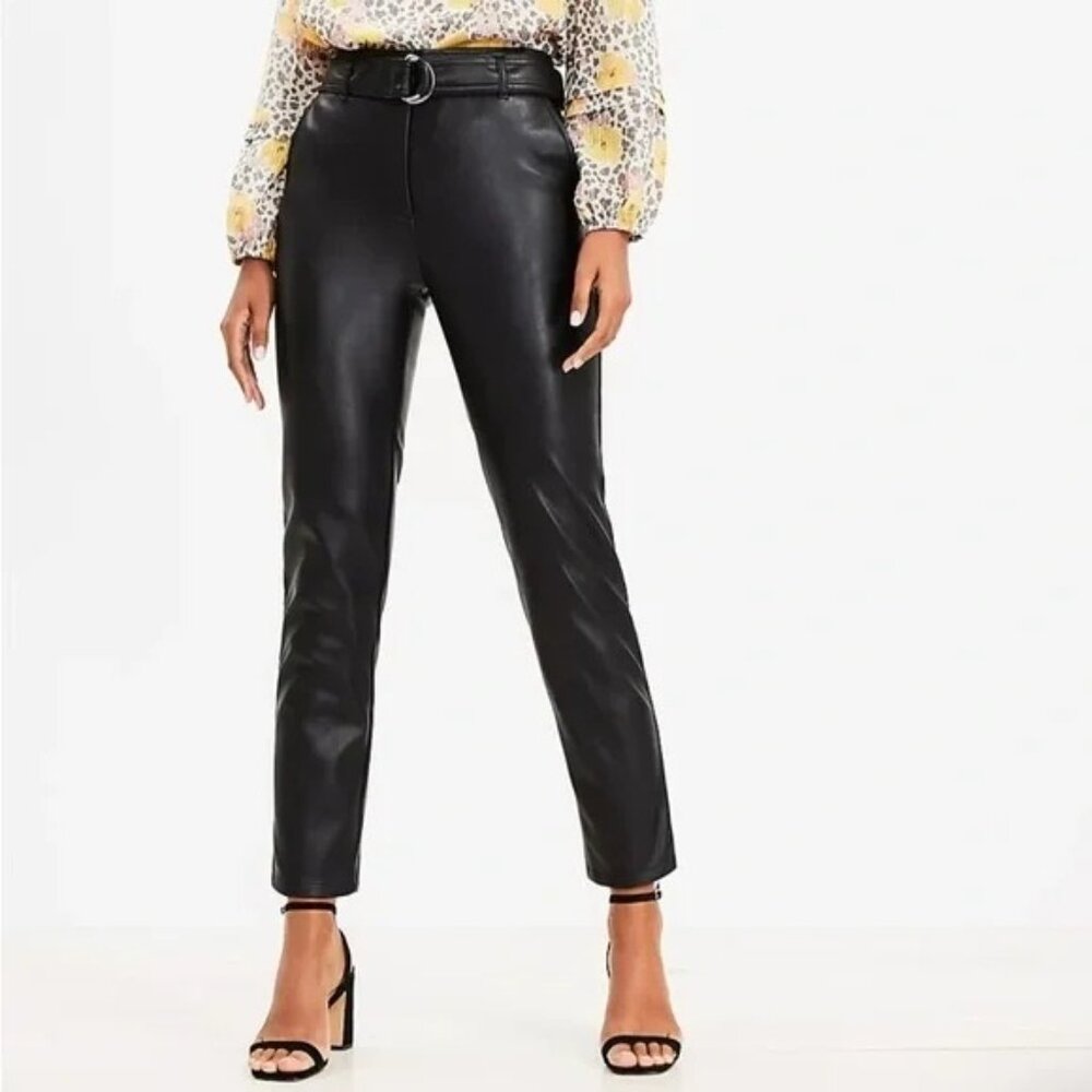 LOFT Black Faux Leather Pants 2 High Rise Belted